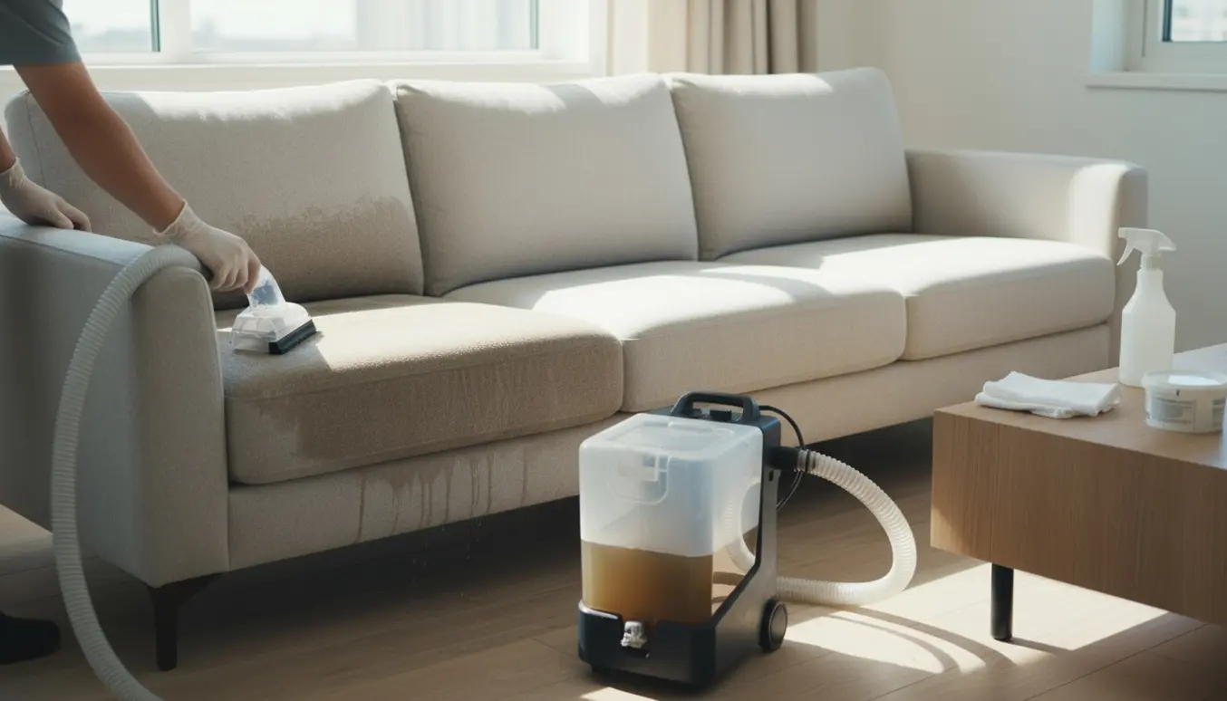 Maskinrensning af en stor stofsofa med halvt renset sæde og rengøringsudstyr i dagslys.