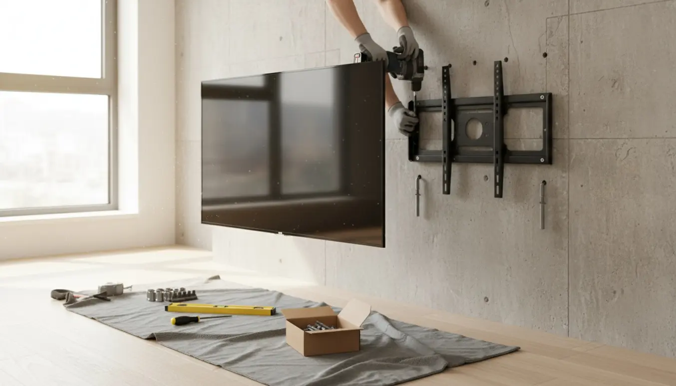 Montering af 55-tommer TV på betonvæg med beslag, boremaskine og værktøj i fokus.
