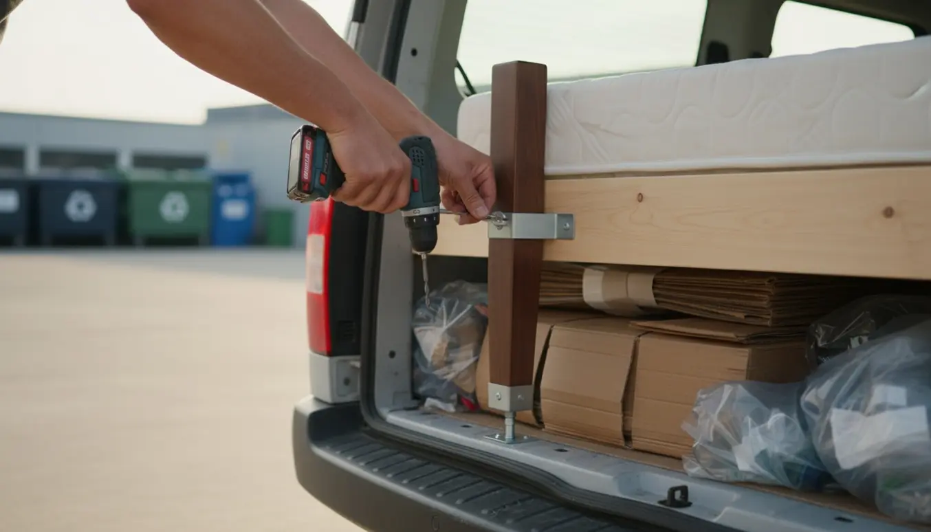 Hænder monterer nye sengeben på en seng ved en varevogn med pap og plast klar til genbrugspladsen.