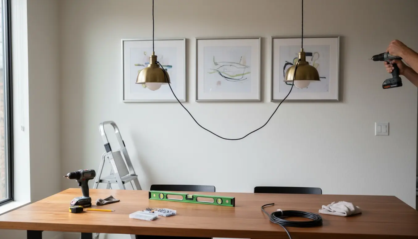 To pendellamper monteres over et spisebord, mens tre indrammede malerier hænger på væggen.