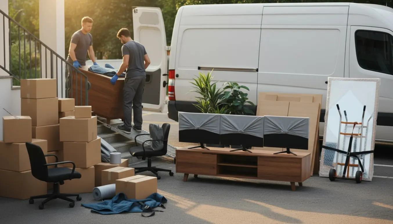 To flyttefolk læsser møbler og mange flyttekasser fra første sal ned i en varevogn i klart morgonlys.