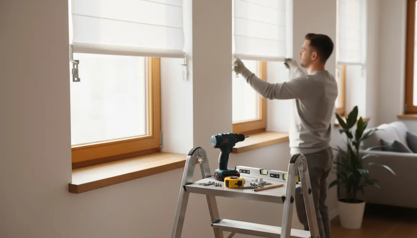 To hvide rullegardiner monteres ved vinduer med boremaskine og beslag på en stige.