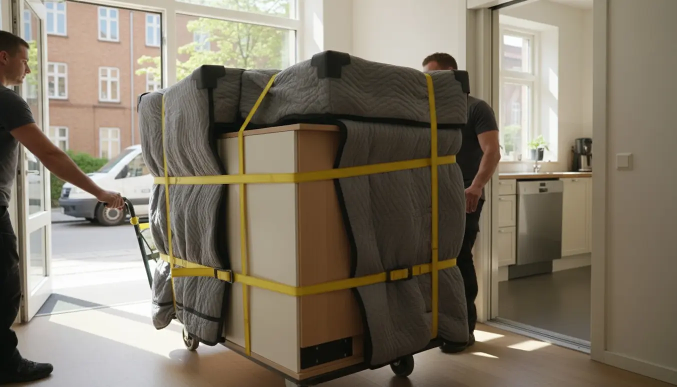 Indpakkede køkkenelementer på en tralle føres gennem opgangen mod en åben elevator.