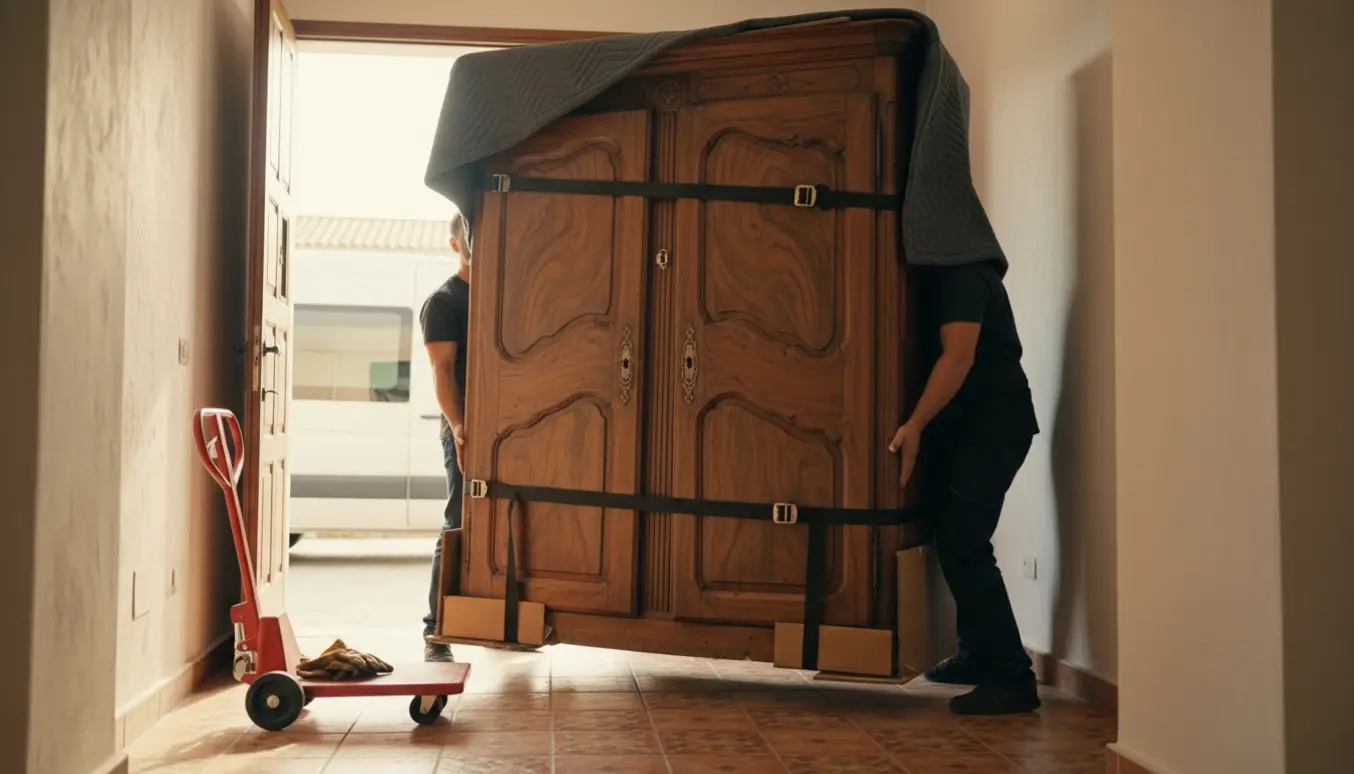 To personer bærer et tungt træskab ind i en bolig, beskyttet af flyttetæpper og remme.