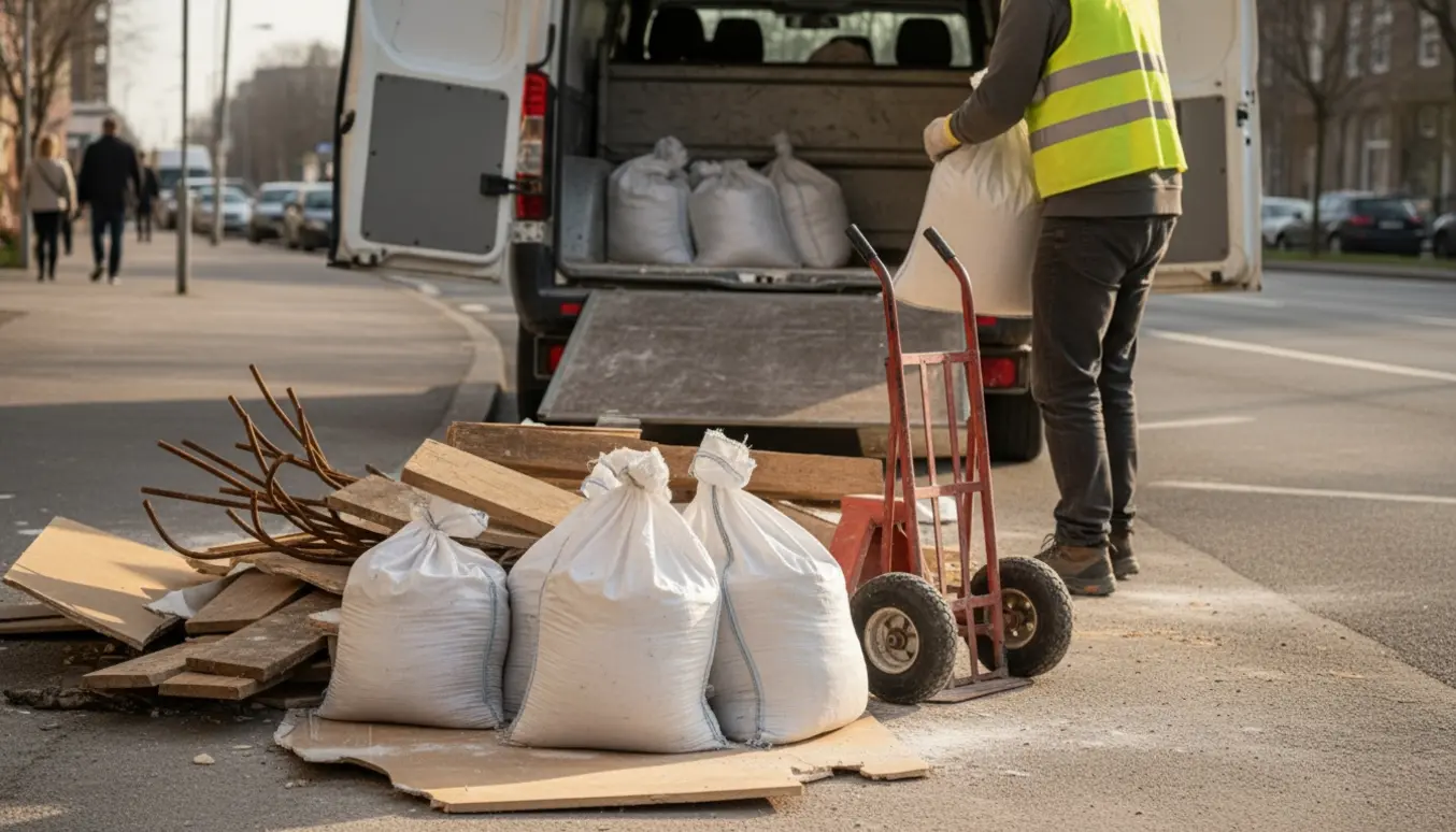 Byggeaffald med gipssække, træplader og metalstænger læsses fra en butik ind i en varevogn.