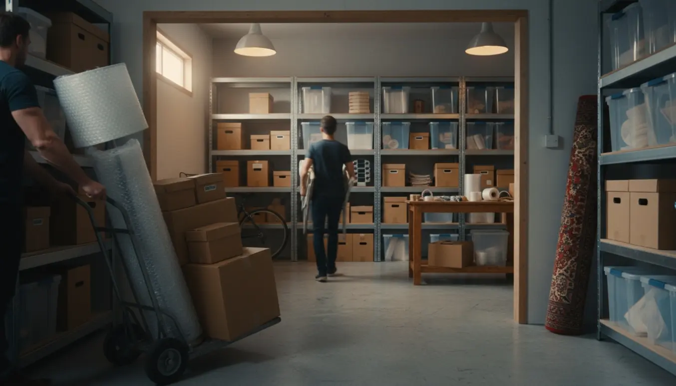 En person set bagfra skubber en tralle med kasser mellem to depotrum.