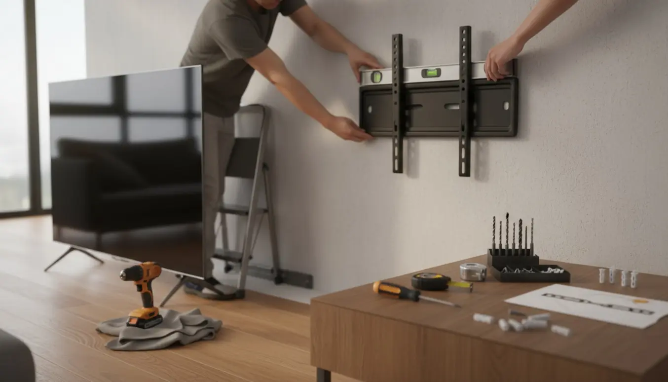 Hænder monterer et tv-ophæng på en væg med værktøj og materialer klar.