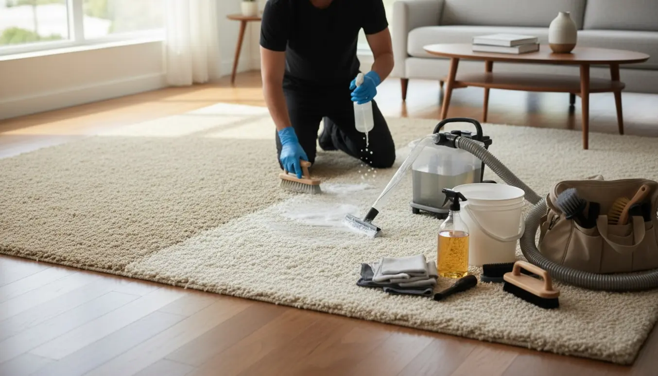 Nærbillede af rensning af et cremefarvet tæppe med renseudstyr i et lyst opholdsområde.