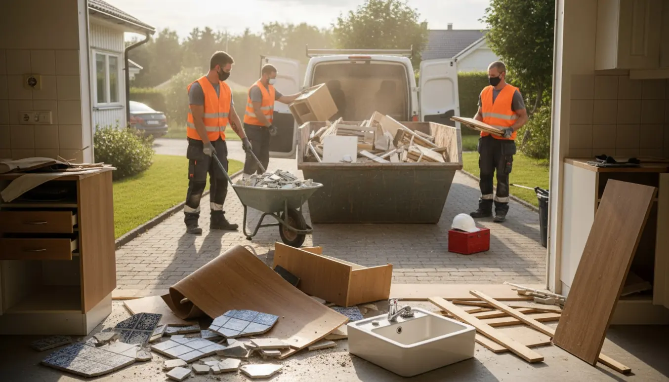 Nedrivningshold læsser køkken- og baderumsaffald i en åben container foran et parcelhus i Virum.