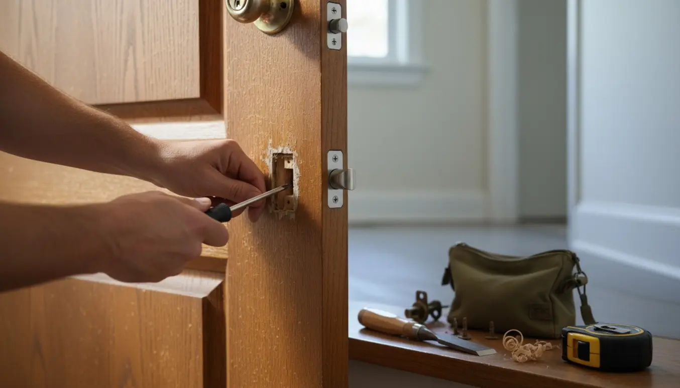 Hænder udskifter en gammel dørlås på en trædør fra 1970'erne i blødt naturslys.