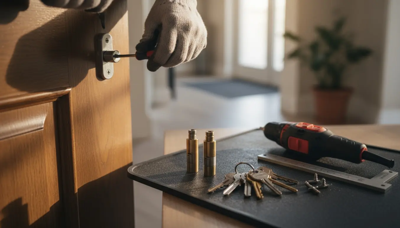 Hænder udskifter en låsecylinder ved en yderdør med to nye cylindre og et bundt på otte nøgler.