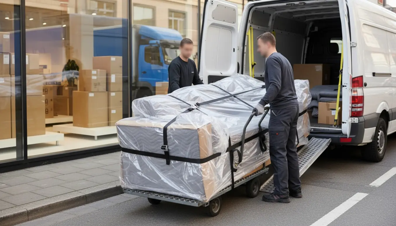En indpakket sofa læsses på en varevogn uden for en møbelbutik, to personer hjælper.