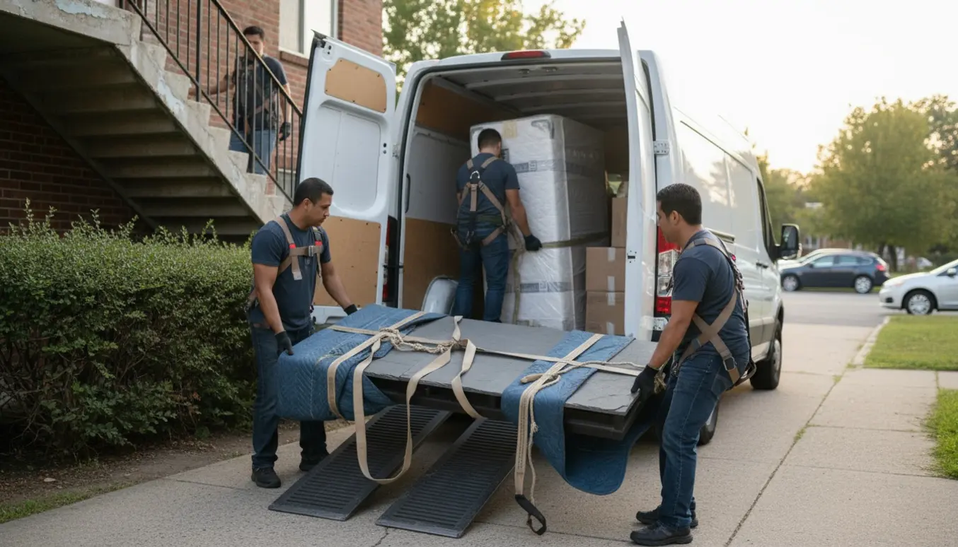 Flyttefolk bærer et tungt sofabord med skifferplade og en boksmadras ned fra 2. sal mod en åben varevogn, ansigter ikke synlige.