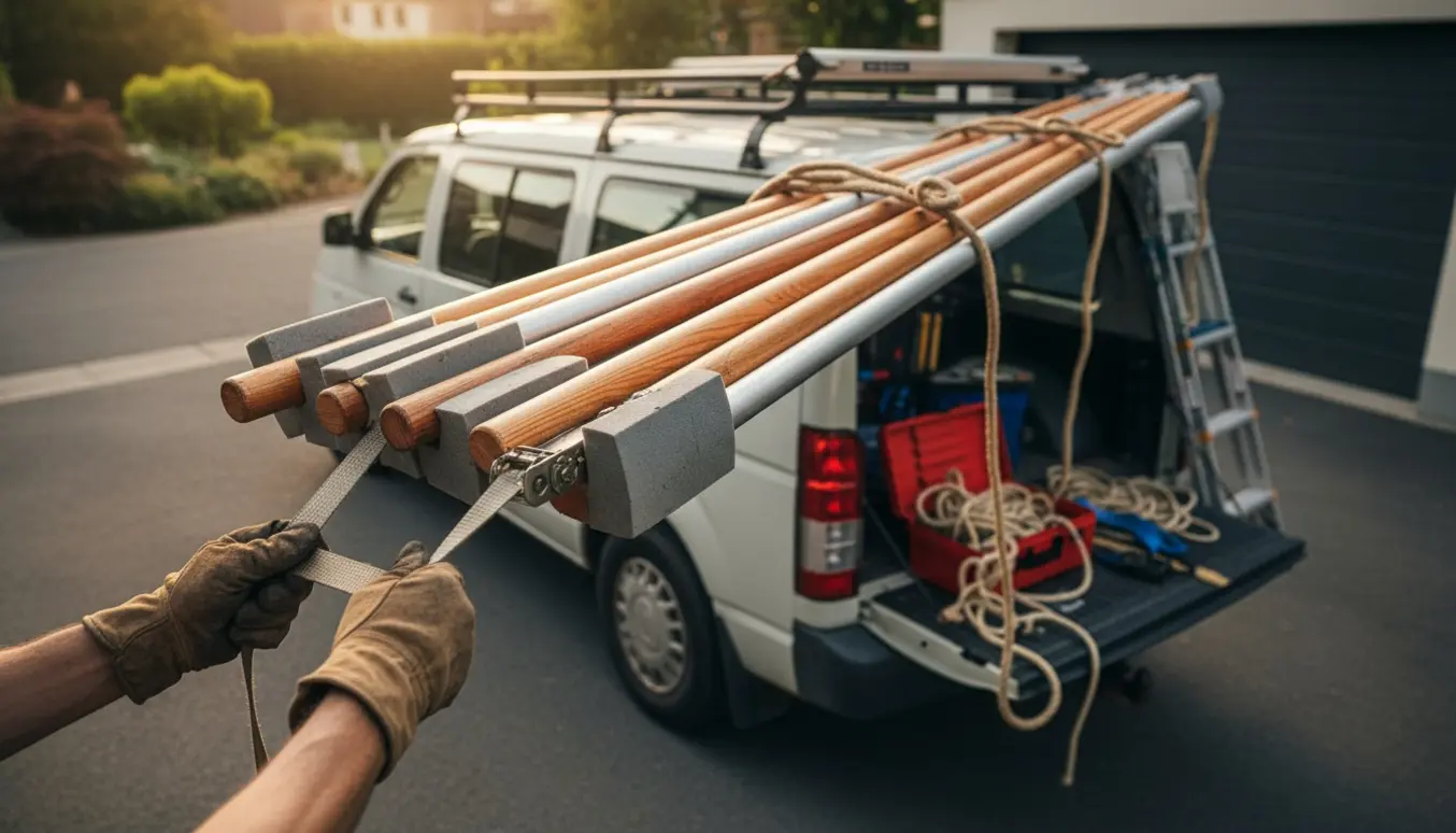 Syv små master læsses og spændes fast på en varebil i naturligt dagslys.