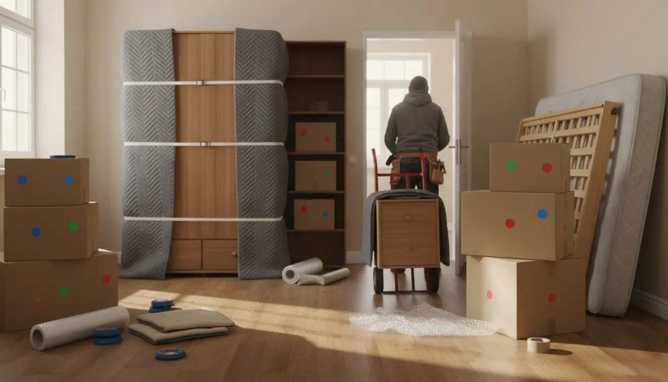 Møbler og flyttekasser i et lyst, mellemstort værelse klar til flytning, med dolly og pakkematerialer.