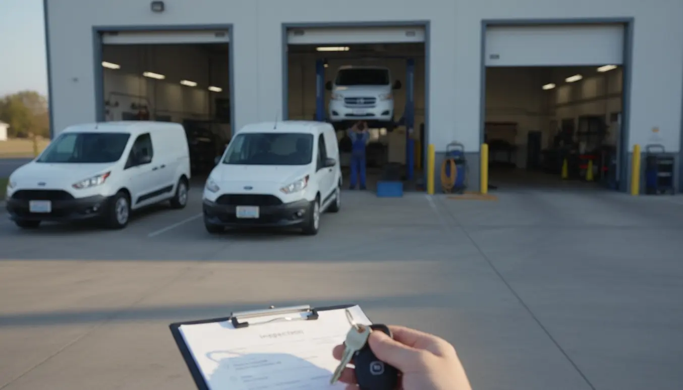 Nøgler og tjekliste i forgrunden med tre varevogne parkeret ved et synscenter i baggrunden.