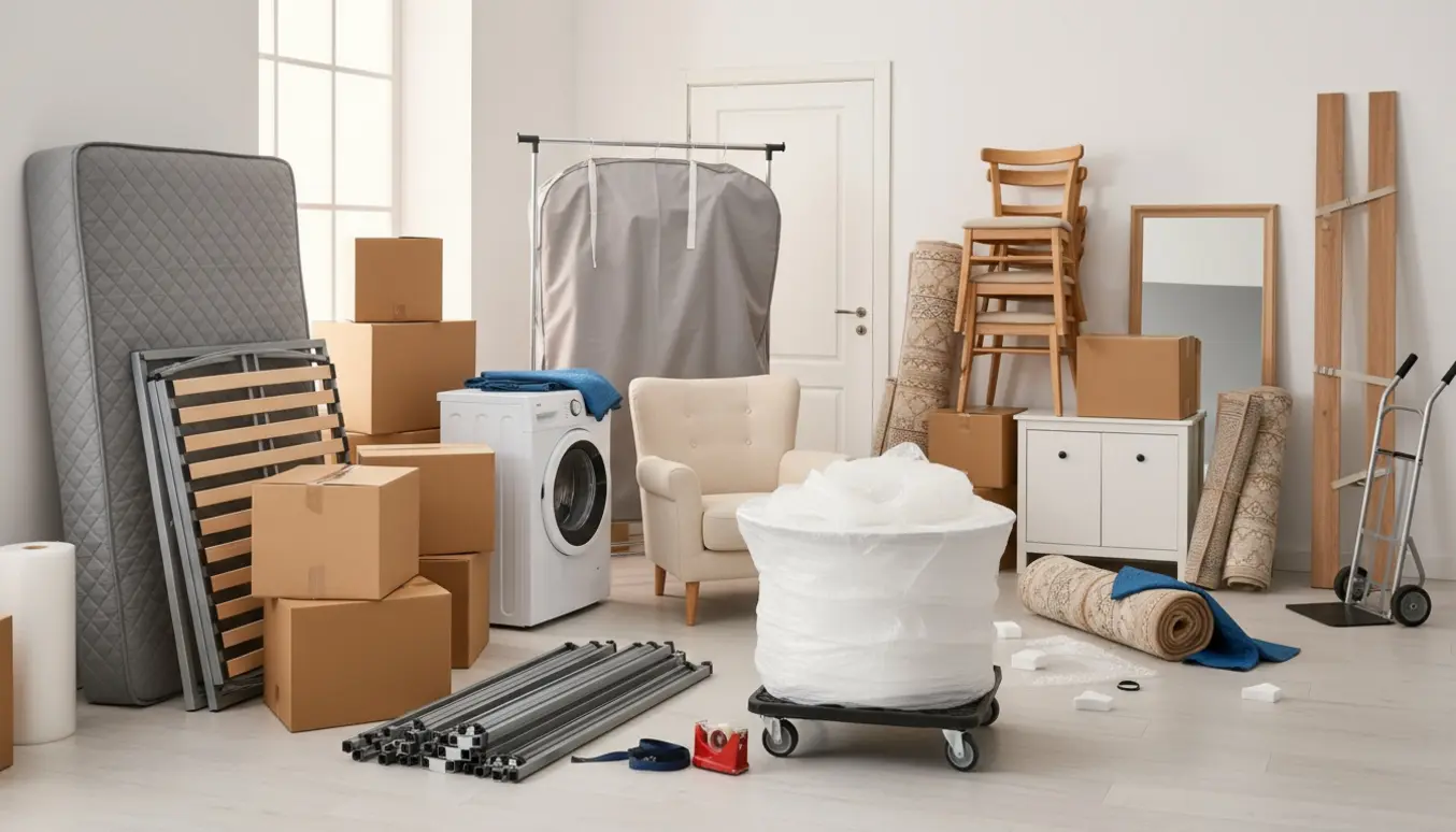 Pakkede møbler og flyttekasser i en lys lejlighed klar til flytning med adskilt seng, vaskemaskine og indpakkede spejle.
