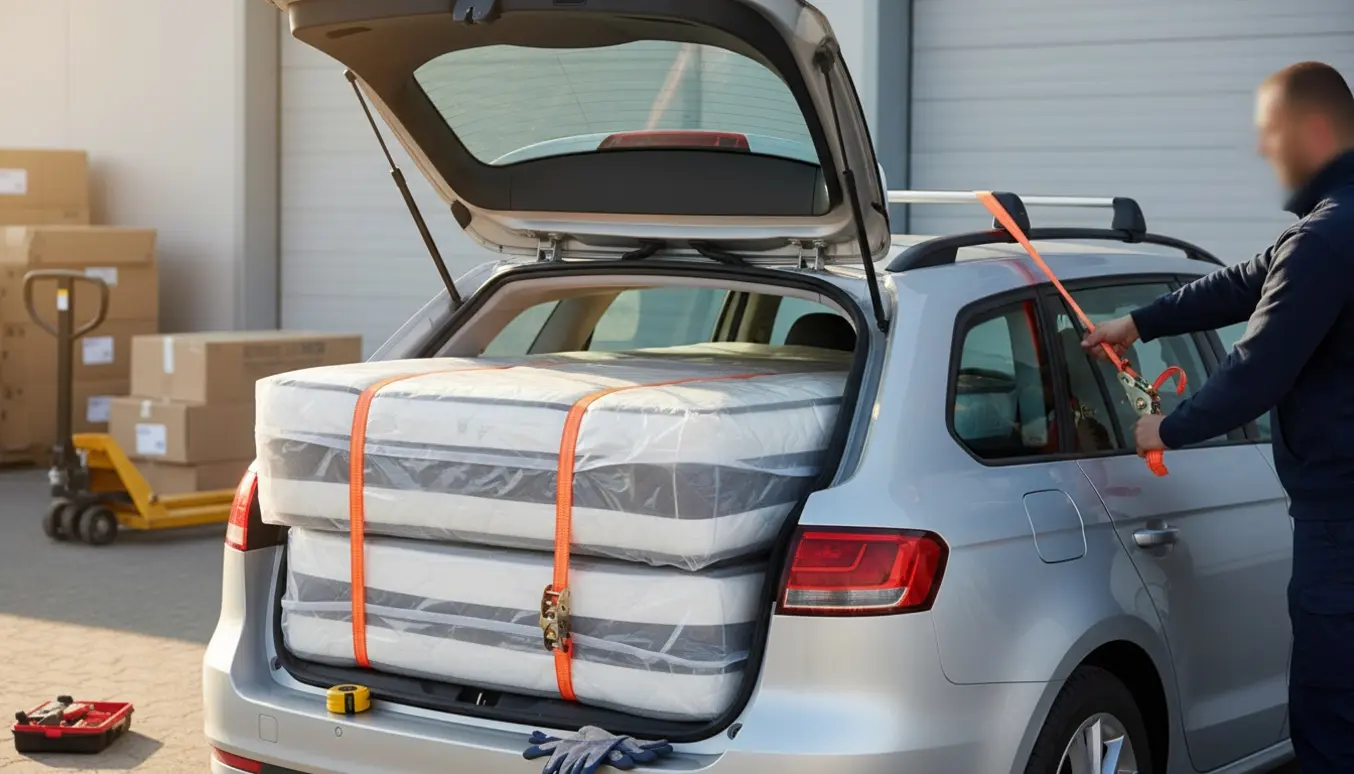 Boxmadras på 120x200 bliver spændt fast og læsset ind i en personbil ved en butikhentningszone.