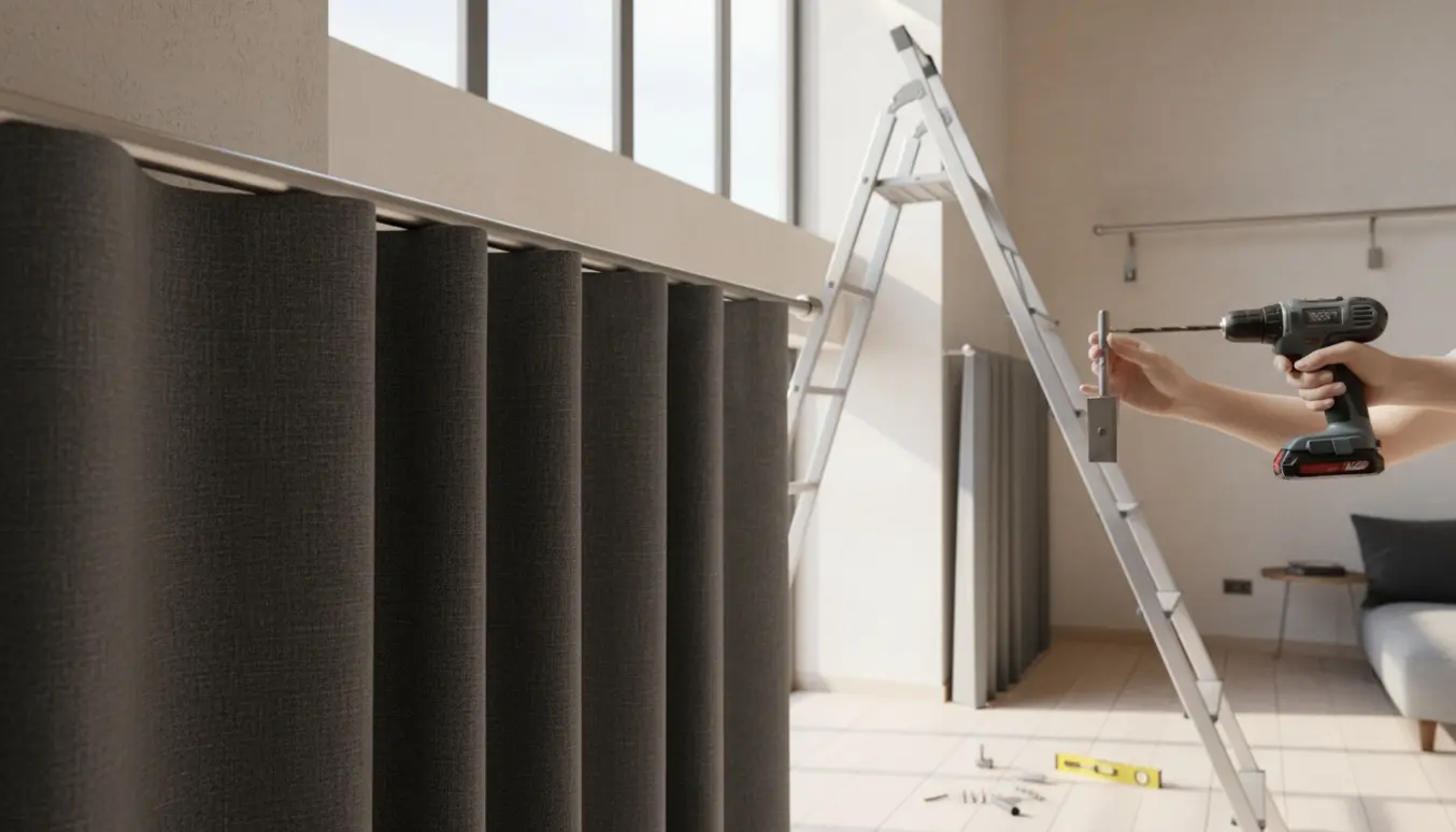 Hænder på en stige monterer gardinstang og mørklægningsgardiner under et højt til loftet.
