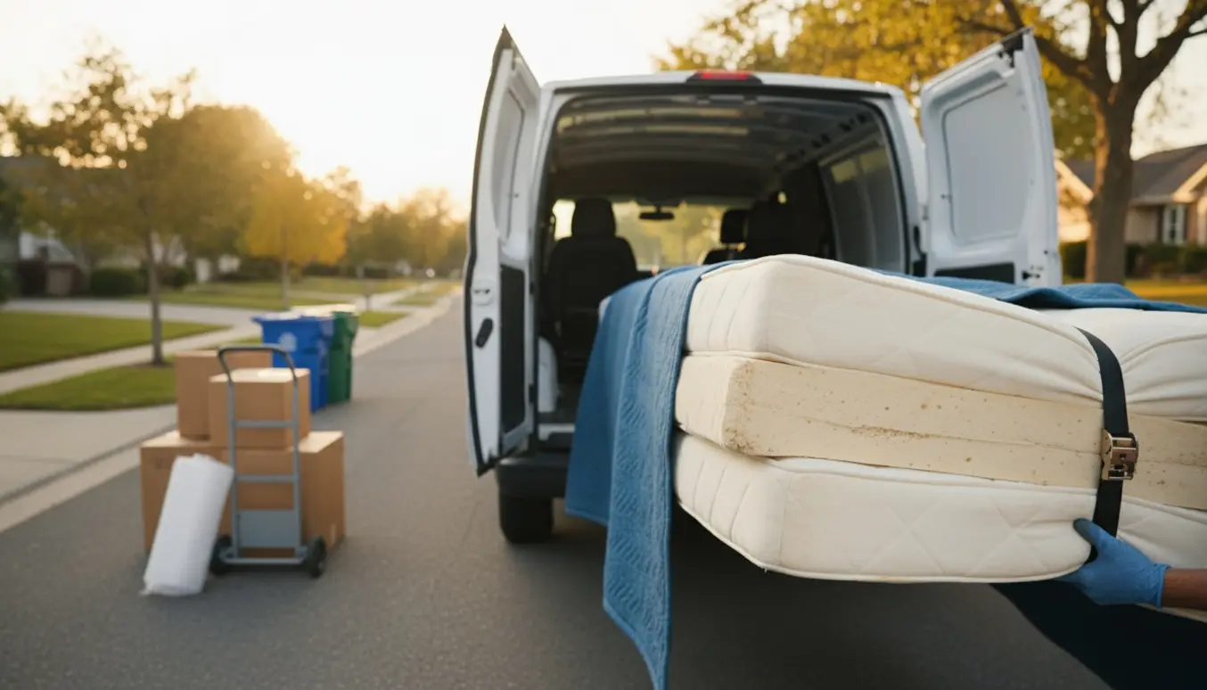 En topmadras foldes og løftes ind i en varevogn klar til bortskaffelse.