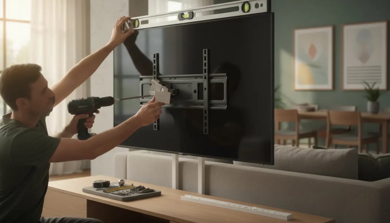 En tekniker monterer en stor fladskærm på en stuevæg med værktøj og beslag i fokus.