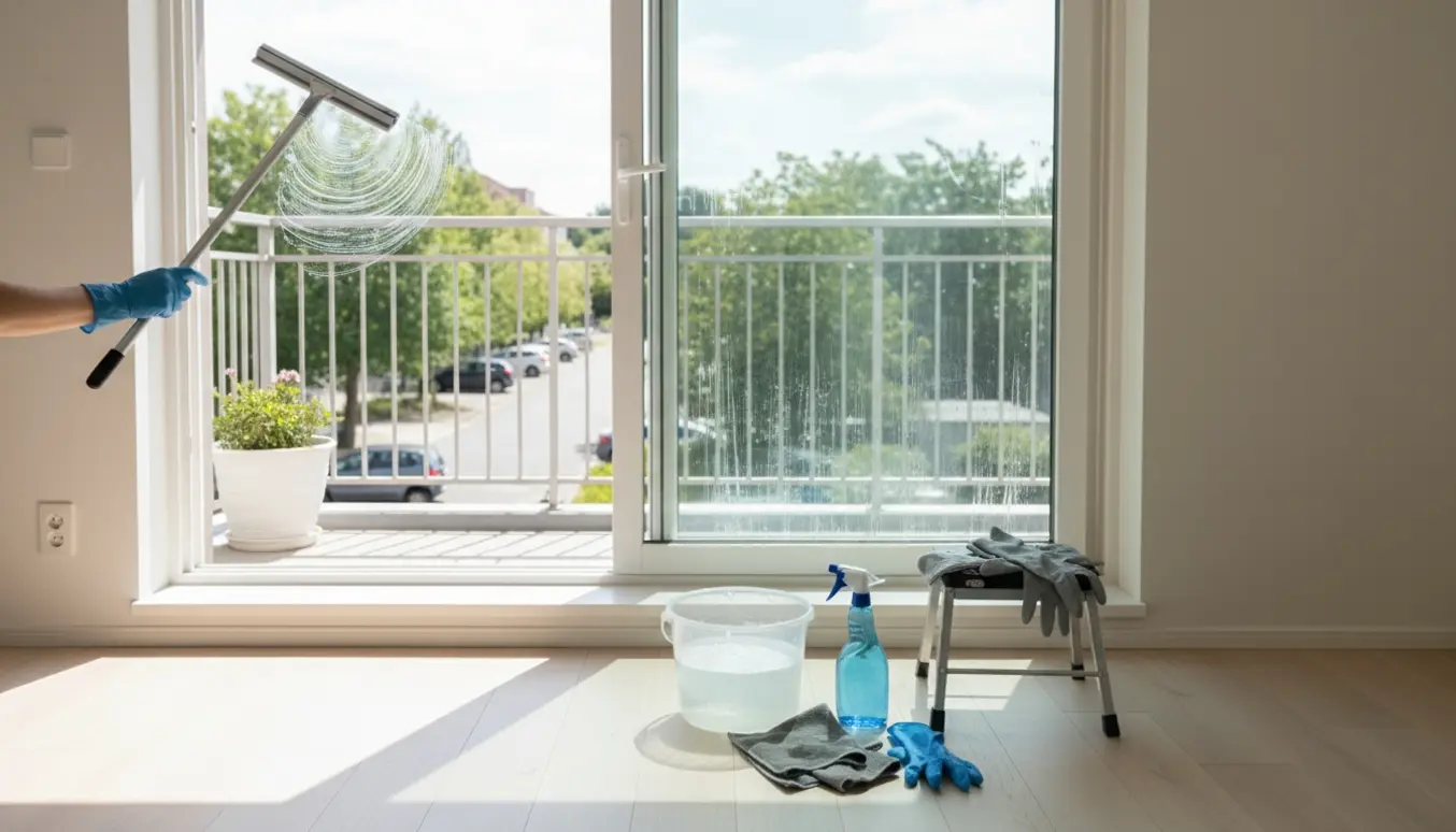 Hånd med skraber polerer altandør i en tom, solbeskinnet lejlighed klar til syn.