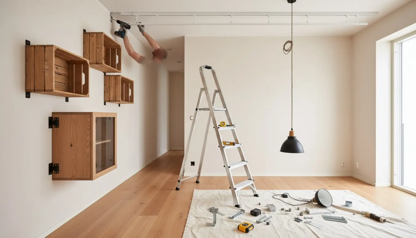 Værktøj og hænder monterer hylder, loftlamper og gardinskinner i en lys stue.
