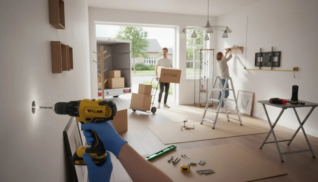 Hænder borer i en væg mens flyttekasser bæres ind fra en trailer og lamper, hylder og TV-beslag monteres i stuen.