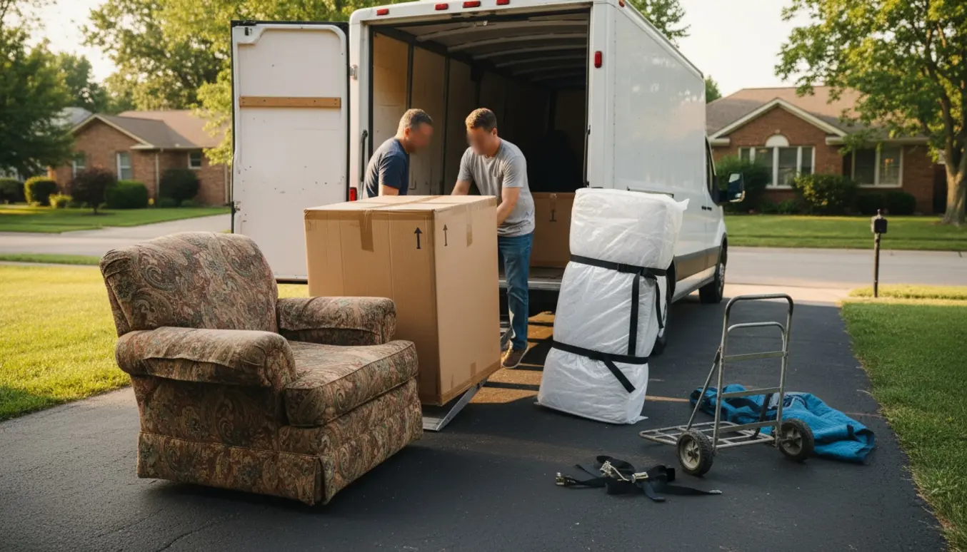 En flyttemand læsser en gammel lænestol, en stor papkasse og en rullemadras ind i en varevogn.