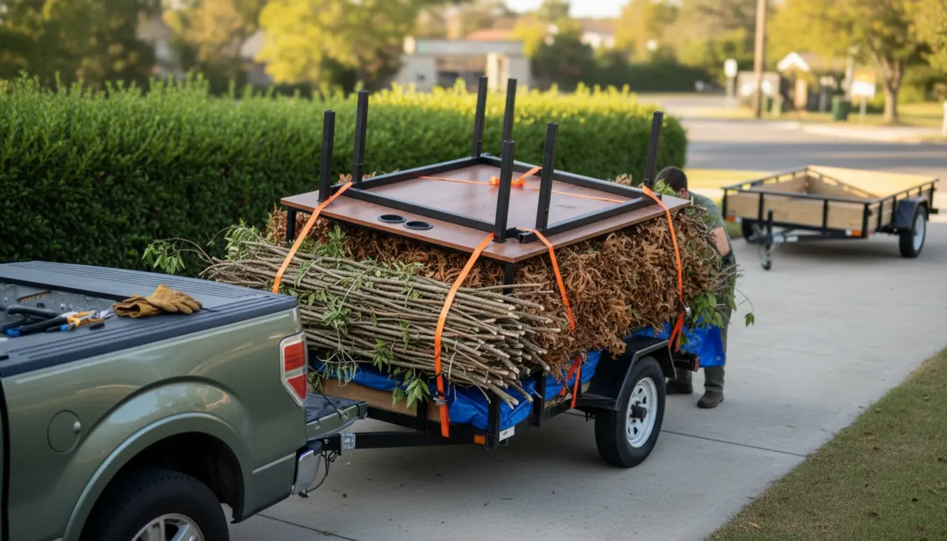 Lastet trailer med haveaffald og et nedtaget skrivebord klar til afhentning og kørsel til genbrugspladsen.