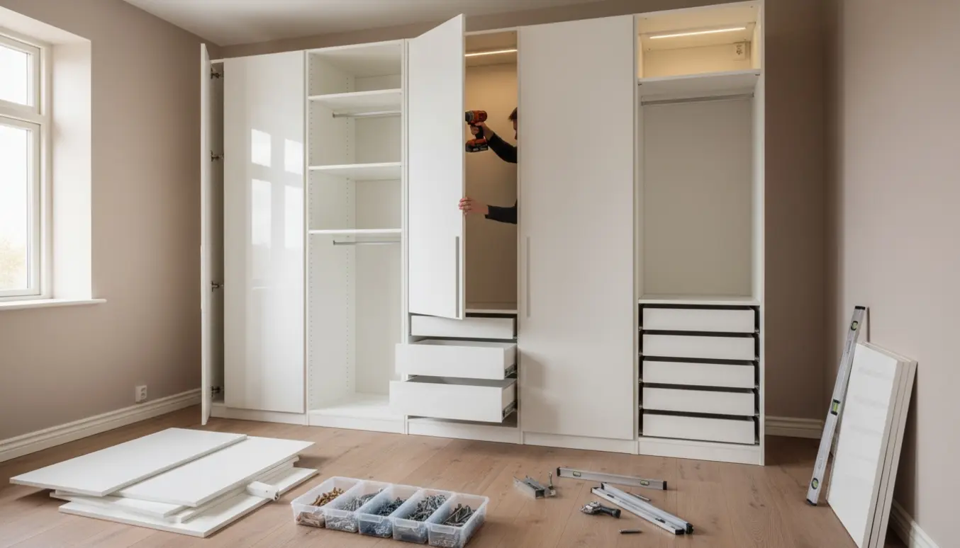 Delvist samlet PAX-garderobe med åbne sektioner, skuffedele og fjernede fodpaneler i et lyst soveværelse.