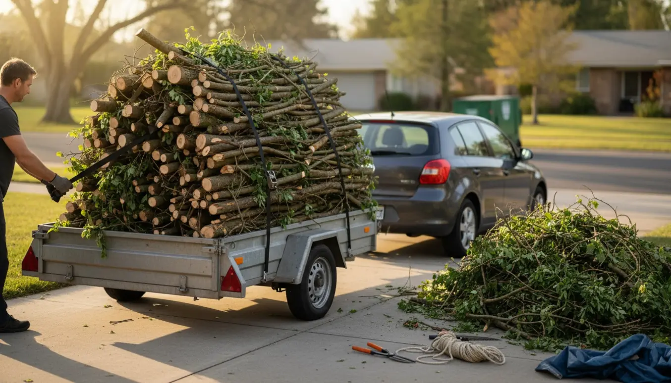 Trailer ved en bunke afskårne grene, hvor grene er bundet fast og klargjort til afhentning.