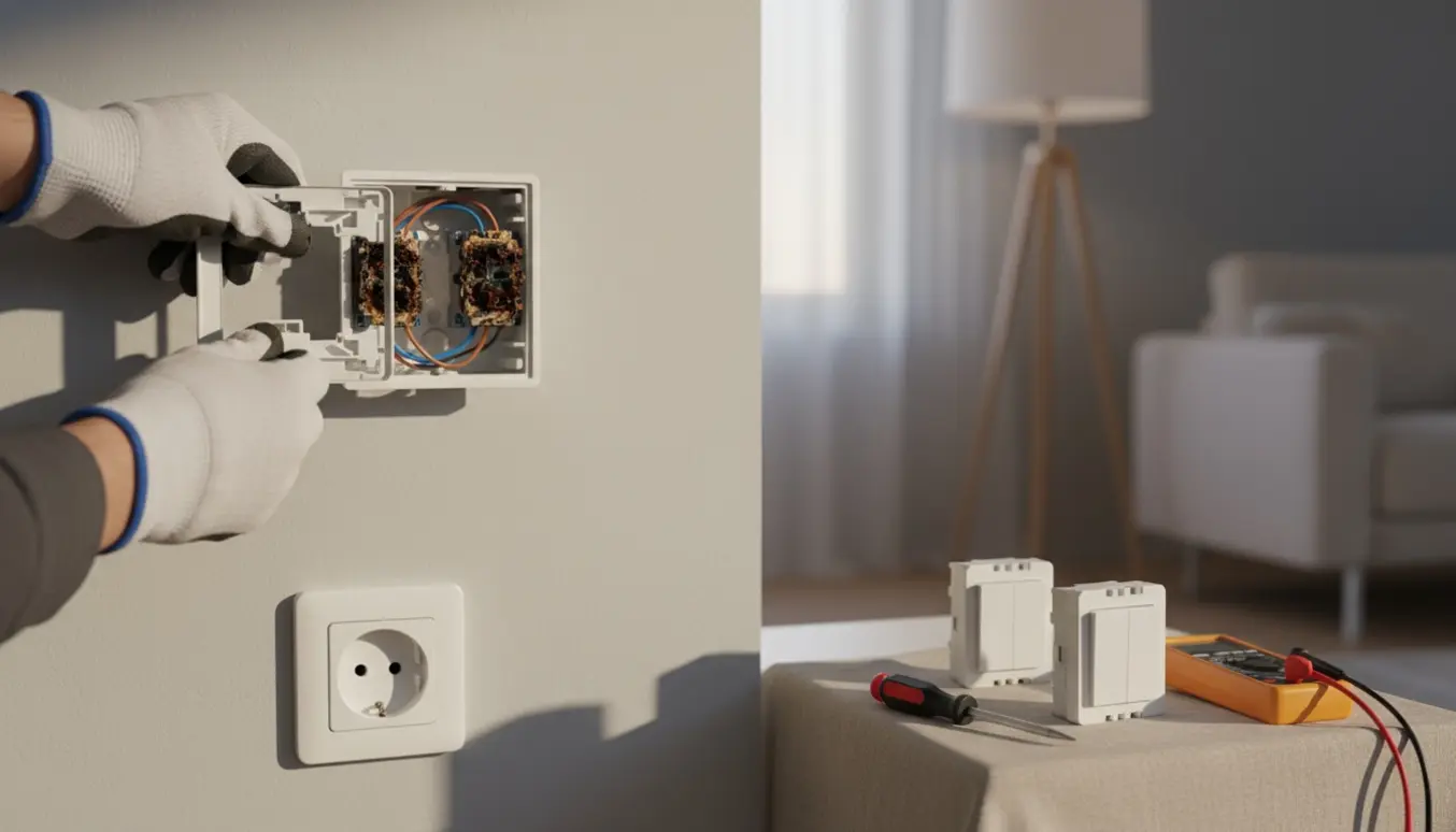 Nærbillede af hænder, der udskifter to defekte lysdæmpere i en moderne stue.