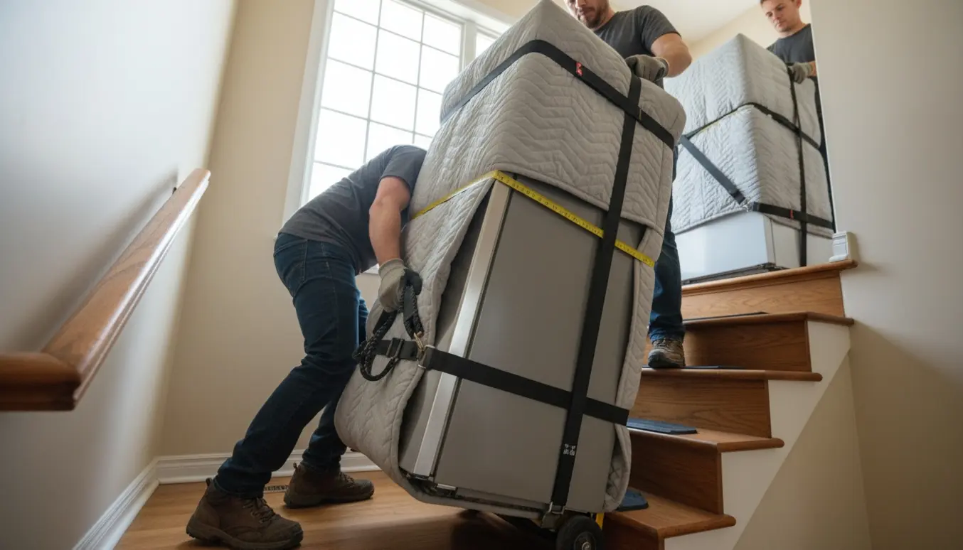 To flyttemænd løfter et nyt køleskab op ad en trappe til 2. sal, pakket i flyttetæpper og fastgjort med slynger.