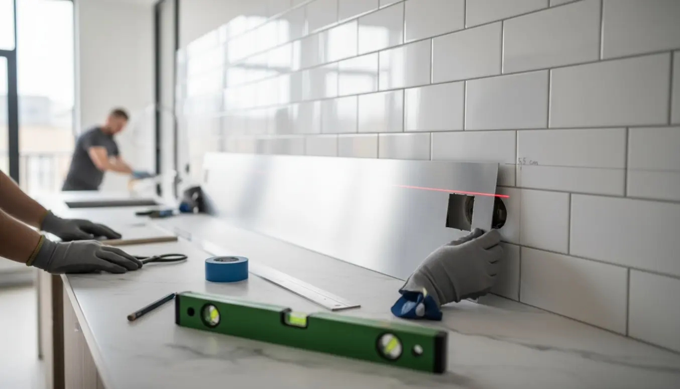 Hænder måler og tilpasser en tynd stænkplade i et moderne køkken med værktøj og laser-vater.