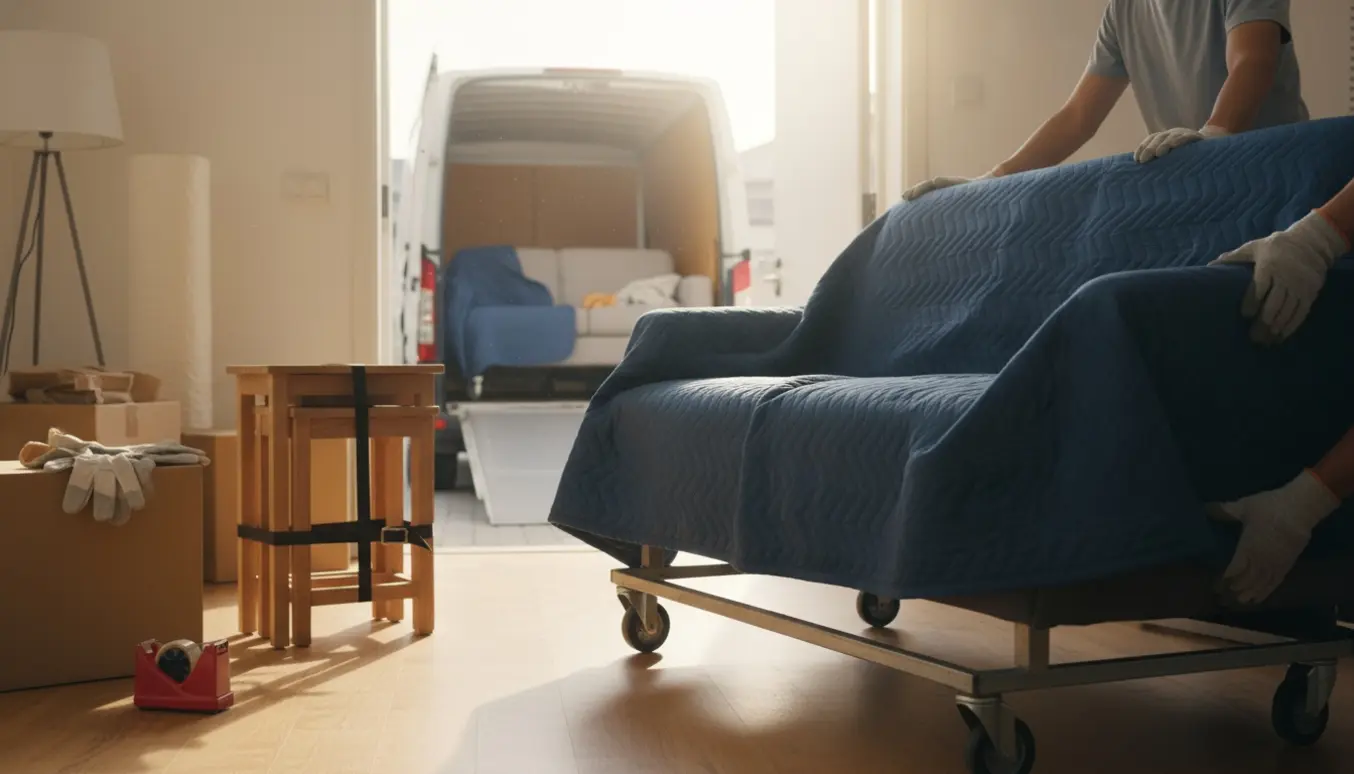 To personer læsser to lette sofaer og to borde ind i en varebil med dolly og beskyttelsestæpper.