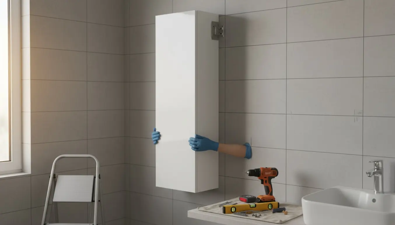 Håndværker løfter og monterer et højt væghængt badeværelsesskab over vasken i et lyst badeværelse.