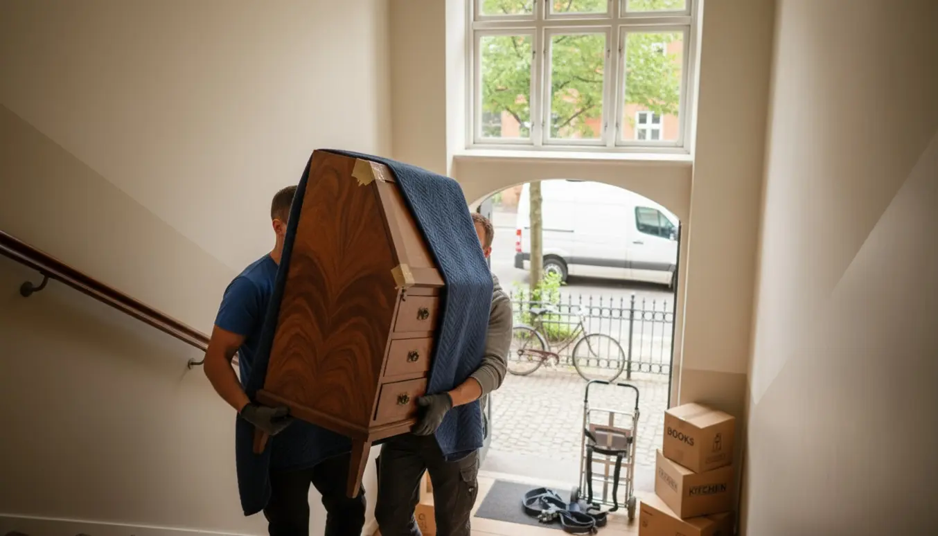To flyttemænd bærer et chartol op ad en opgangstrappe, delvist pakket ind i et flyttetæppe.