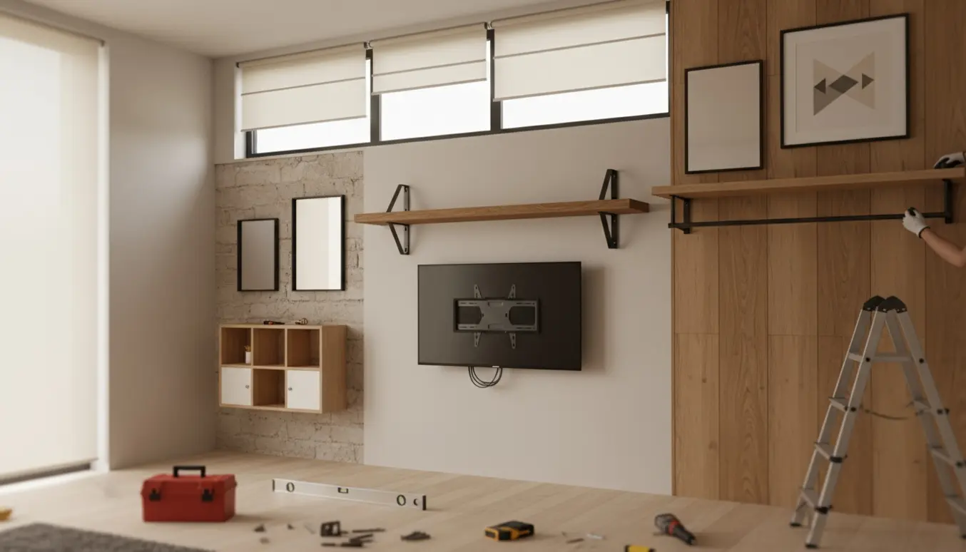 Lyst rum med håndværker, hylder, bøjlestang i egetræ, TV‑ophæng, rullegardiner og værktøj ved vægmontering.