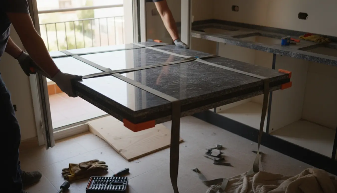 To personer løfter to tunge granitbordplader fra altanen ind i køkkenet over et lille dørtrin.