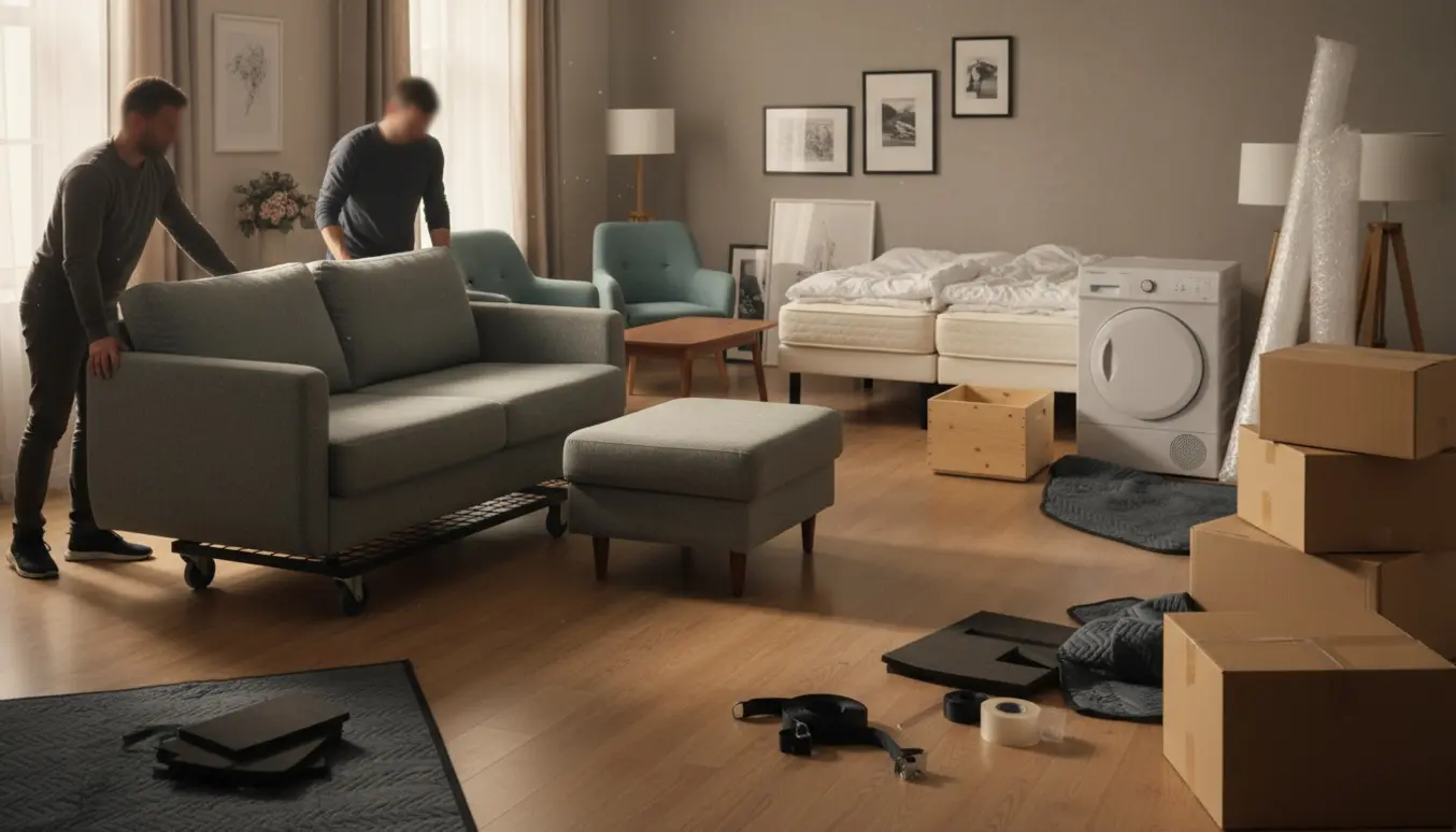 Flyttefolk løfter en tung sofa på en dolly i et rum fyldt med møbler, kasser, malerier og indpakningsmateriale klar til flytning.