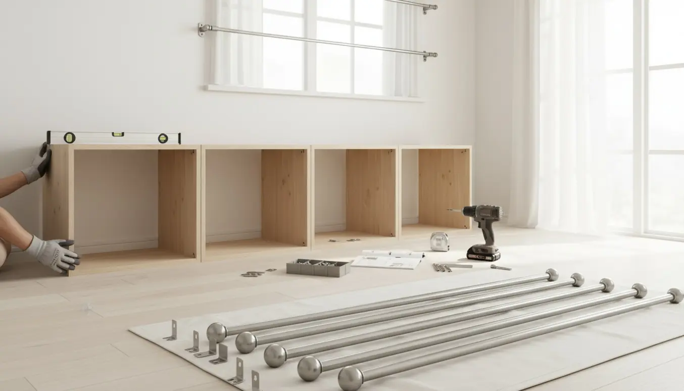 Fire fyrretræsskab hænges op på en hvid væg med værktøj og seks gardinstænger ved et solrigt vindue.