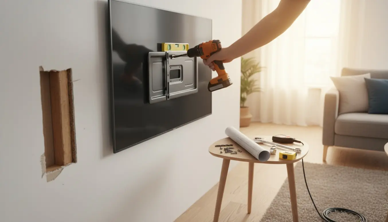 En person monterer en slank fladskærm på væggen med lavprofilbeslag og værktøj i nærheden.