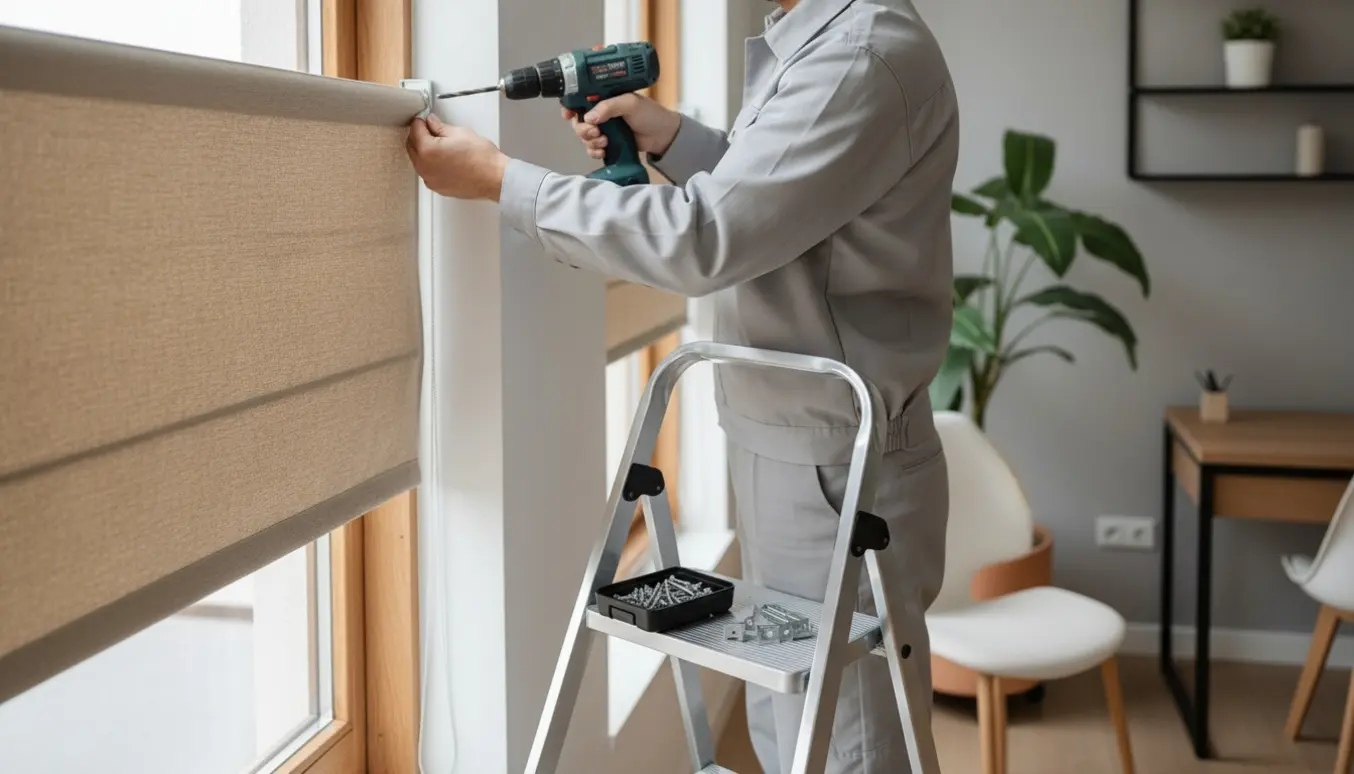 Nærbillede af hænder, der monterer et rulle-gardin i en lille klinik ved et enkelt højtstående vindue.