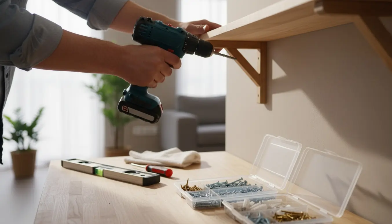 Nærbillede af reolmontering med batteriboremaskine, skruer og rawlplugs arrangeret på en træbænk i naturligt dagslys.