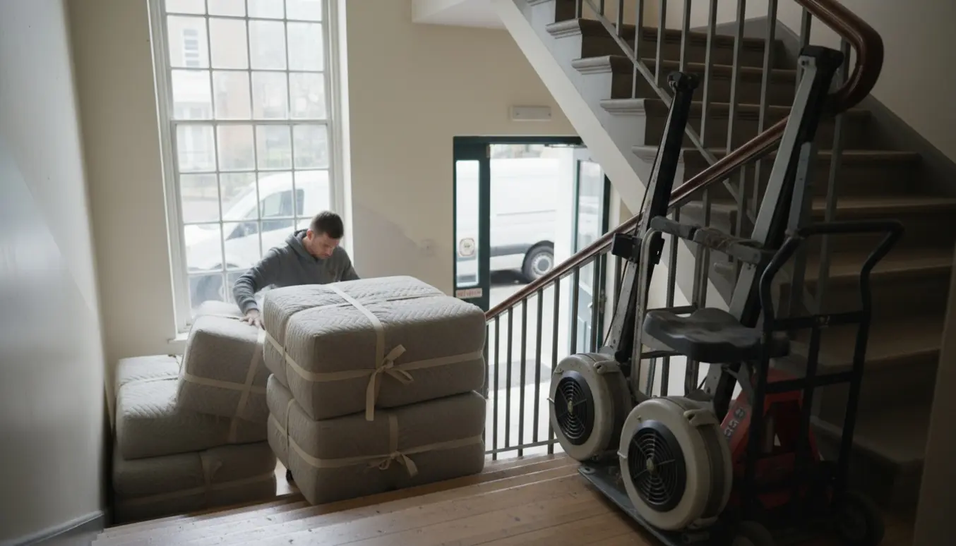 En person bærer en aftagelig sofasektion ned ad opgangen, mens to defekte romaskiner står klar til genbrug.