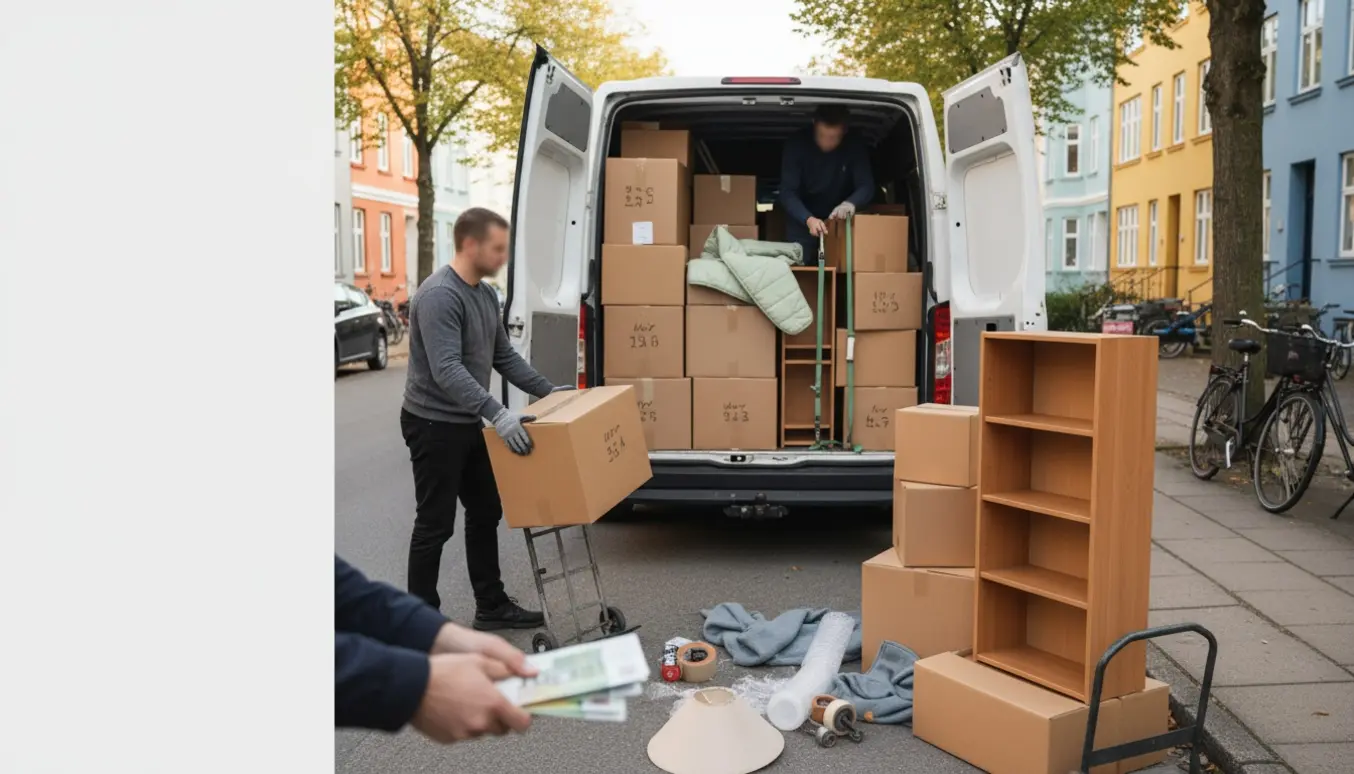 Løftede hænder bytter kontanter mens kasser og småmøbler læsses ind i en varevogn på en københavnsk villagade.