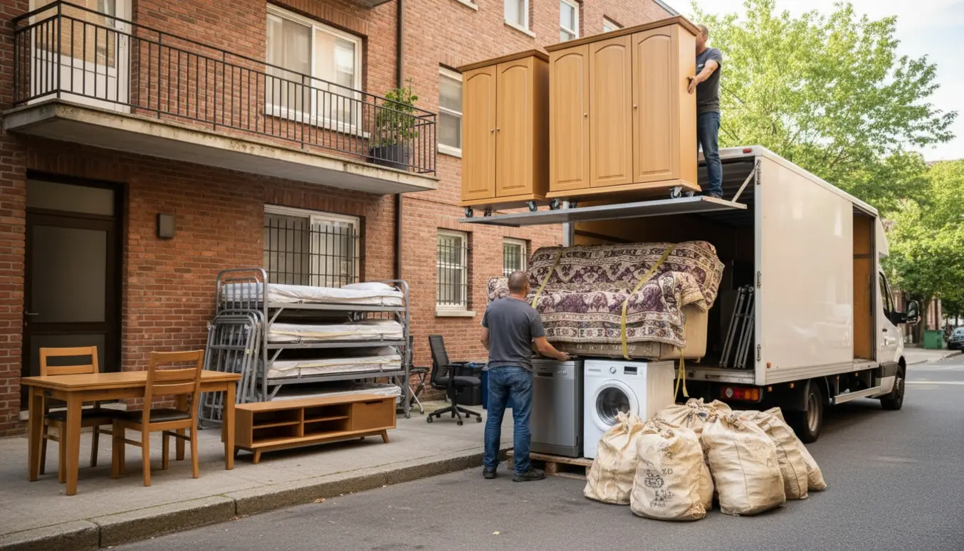 Flyttefolk læsser to tre-dørs skabe, sofaer, tre enkeltsenge, vaskemaskine, opvaskemaskine og ca. 25 poser tøj på en lift ved en lejlighed.