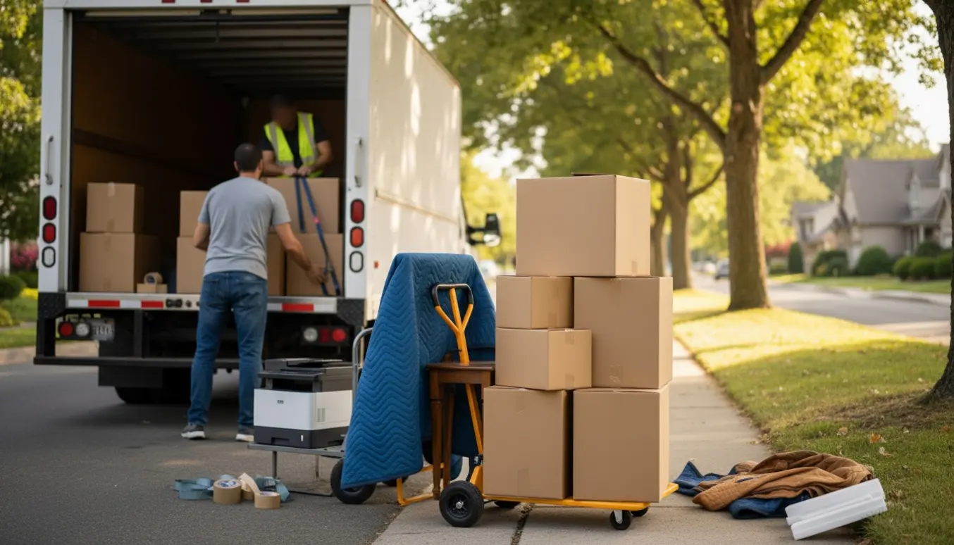 Flyttemænd læsser syv flyttekasser, et lille bord og en printer ind i en varevogn.