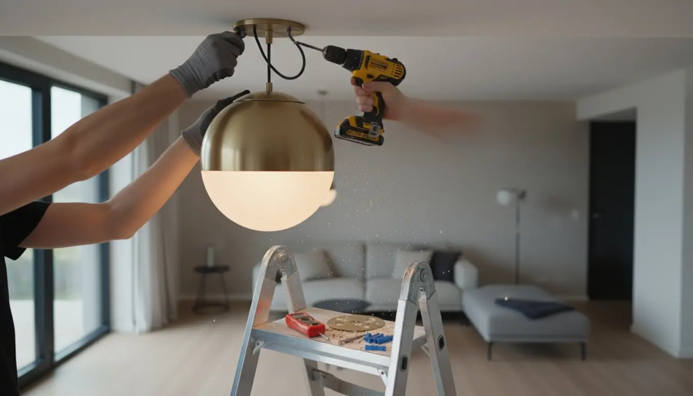 En person på en stige monterer en tung loftlampe med boreværktøj og åbne kabler.